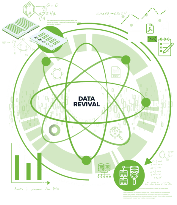 Green line-art illustration of an atom orbiting the words Data Revival, surrounded by chemistry and data icons