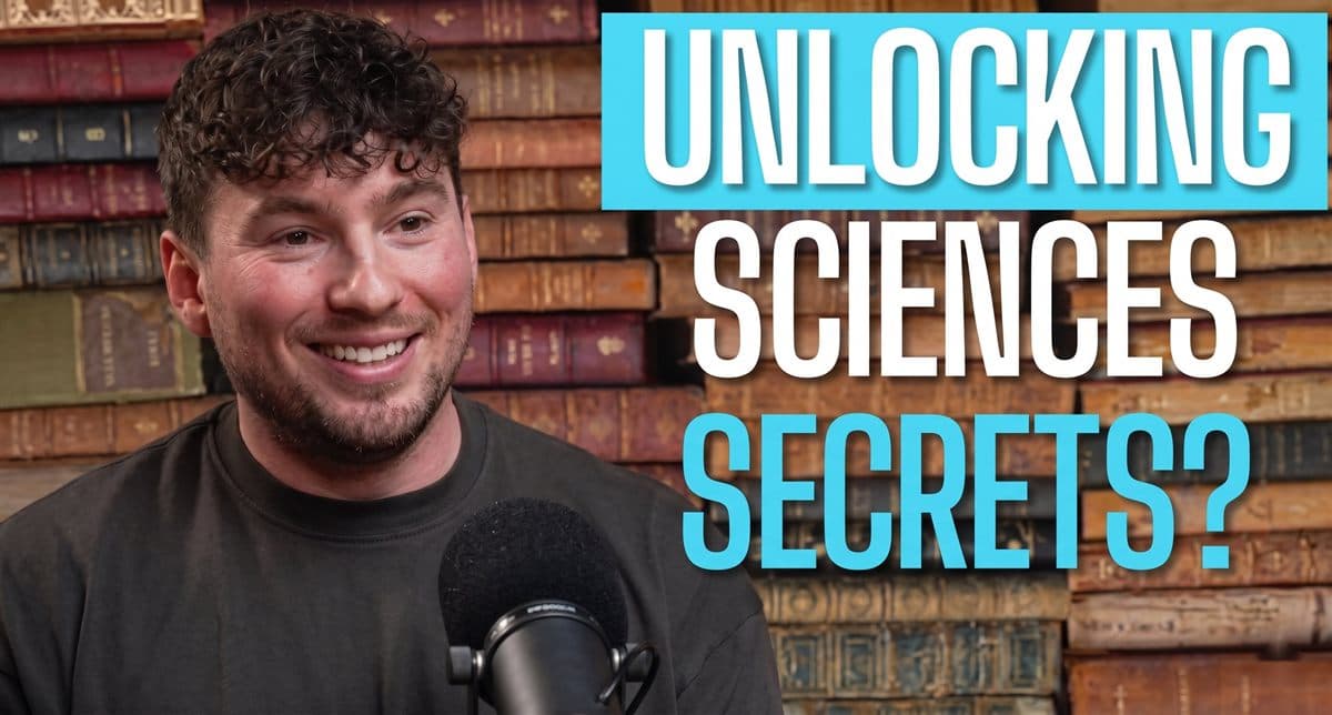 Smiling man with a microphone in front of a wall of antique books, captioned "Unlocking Science's Secrets?"